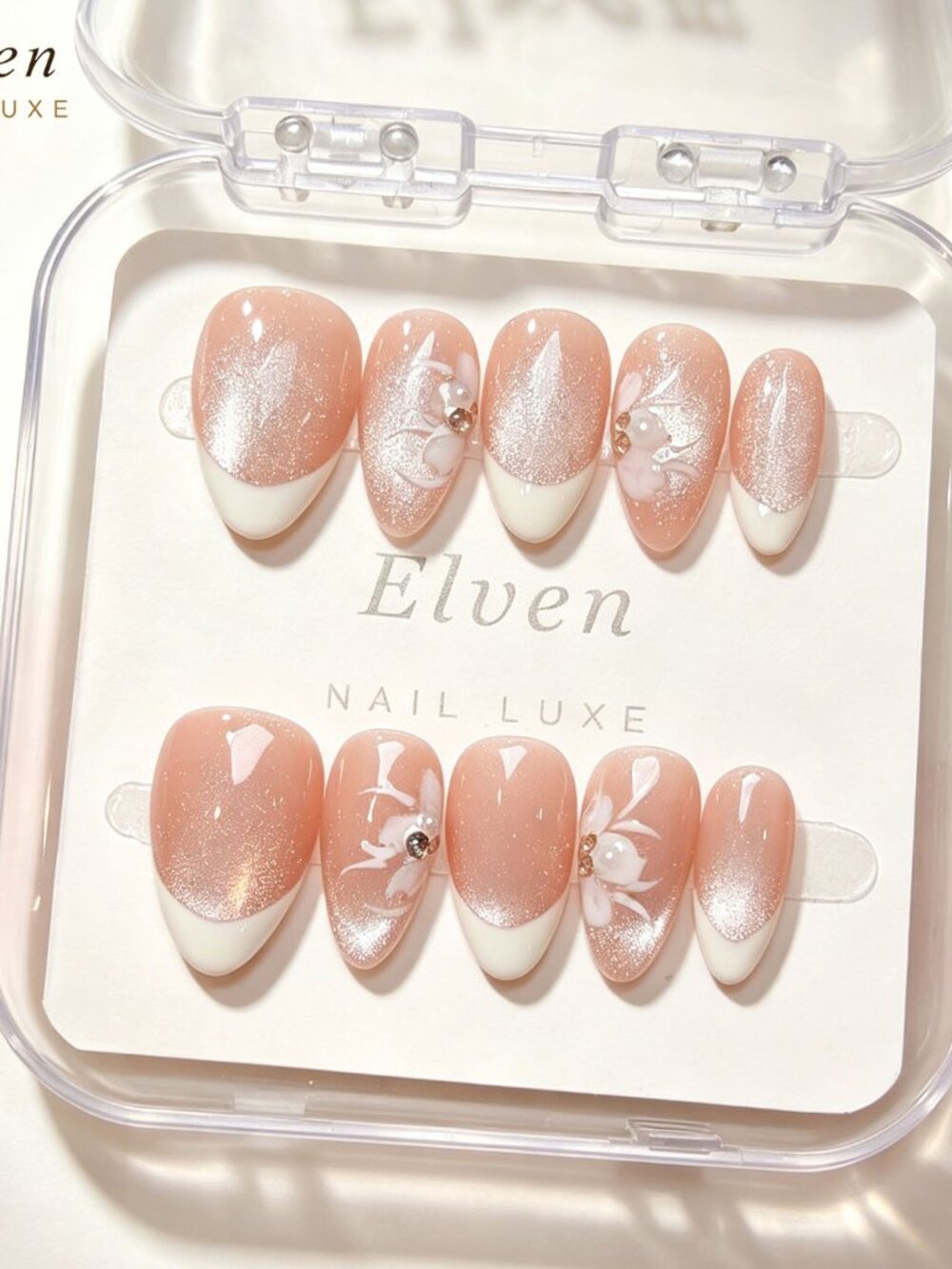 White French Tip Pink Cat Eye With Floral Handmade Press On Nails Short Almond